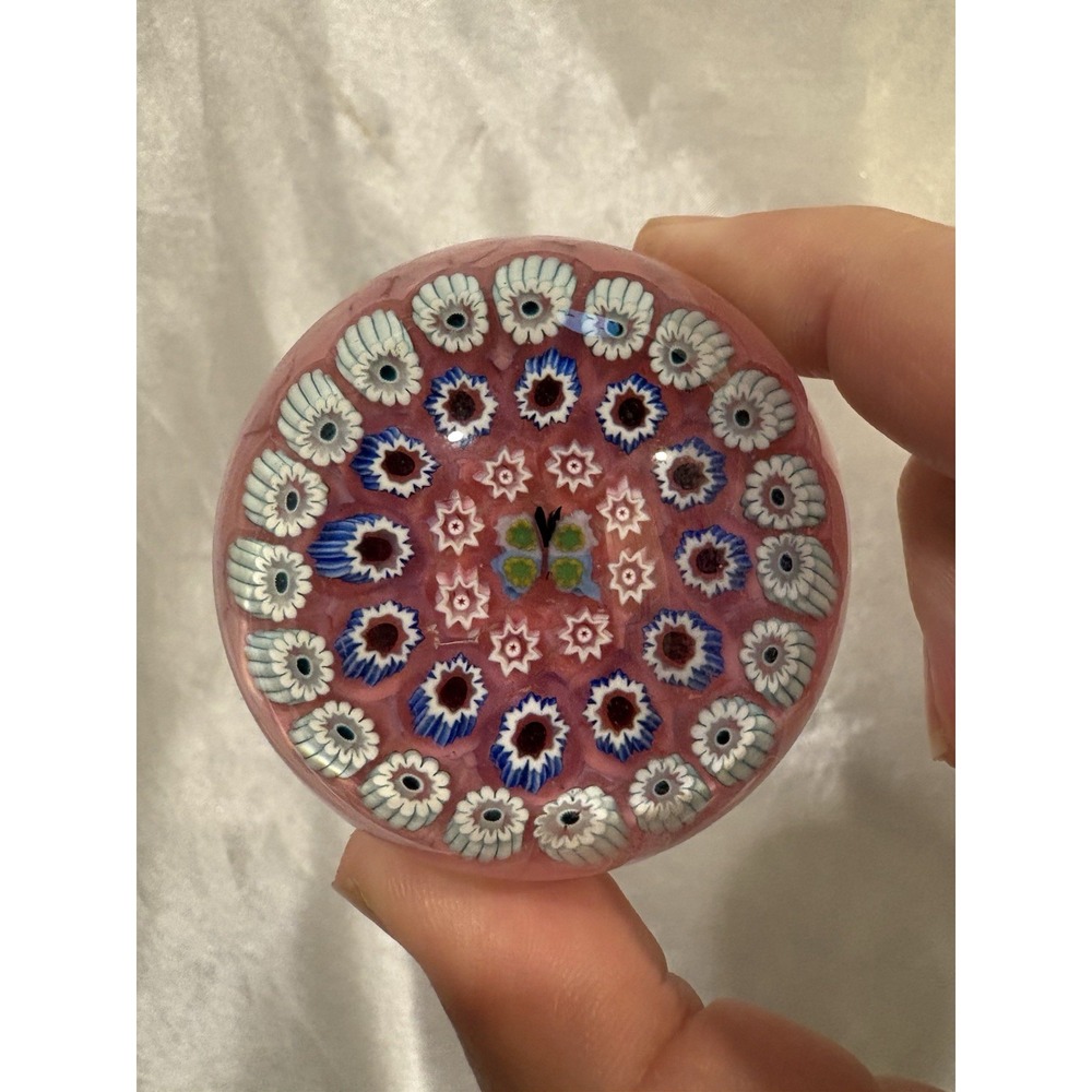 John Deacons Scotland Millefiori Art Glass Paperweight Pink Butterfly Center
